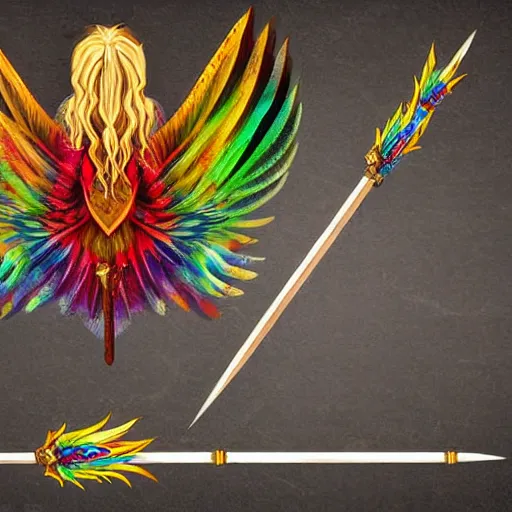 Prompt: medieval weapon, long spear with feathered wings on the tip, prismatic, multi colored feathers, anime style, white background, full body shot