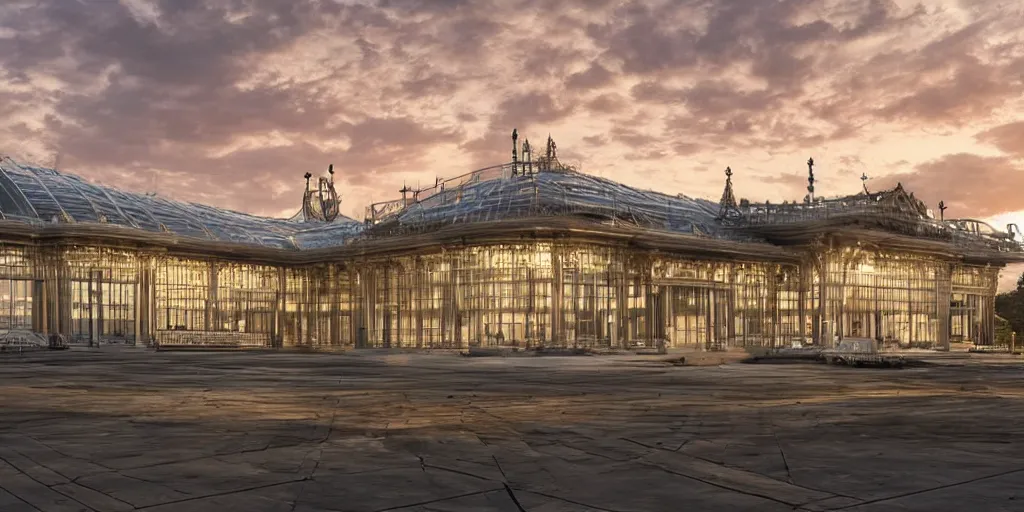 Image similar to extremely detailed ornate stunning sophisticated beautiful elegant victorian airport exterior by Henry Young Darracott Scott and Francis Fowke, stunning volumetric light, stainless steal, concrete, translucent material, beautiful sunset, tail lights