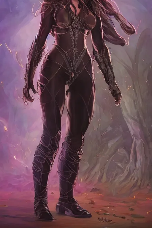 Prompt: frontal standing pose portrait of Sabrina the College Witch, very beautiful young woman, straight hair, push-up underwire. Intricate, concept art, magic lighting overlays, magical portal opened, D&D!, fantasy style, sharp focus!, ultra detailed, art by Artgerm and Peter Andrew Jones, WLUP, Magali Villeneuve