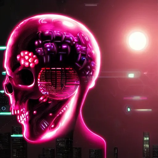 Prompt: cyberpunk skull merged with thousand cherries on the head moebius futuristic hi-tech details loading screen dark colors