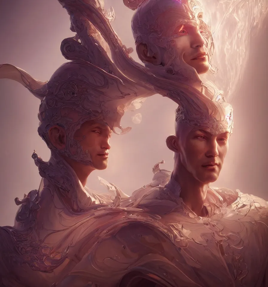 Image similar to portrait of a beautiful prince in robe. bio luminescent biomechanical halo around head. artwork by jarold Sng by artgerm, by Eddie Mendoza, by Peter mohrbacher by tooth wu, unreal engine, octane render, cinematic light, high details, iridescent colors, dichroic, macro