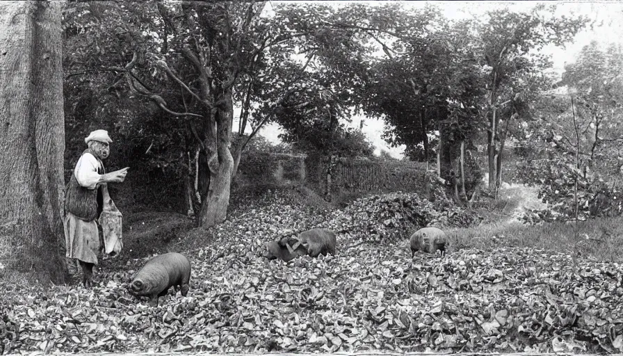 Prompt: An old english man next to a pig collects truffles from the ground, the ground is covered in leaves, black and white photograph