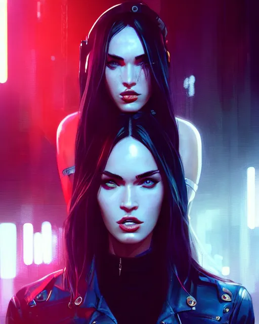 Image similar to megan fox wearing cyberpunk streetwear, detailed portrait, 4 k, vivid colours, concept art by wlop, ilya kuvshinov, artgerm, krenz cushart, greg rutkowski, pixiv. cinematic dramatic atmosphere, sharp focus, volumetric lighting, cinematic lighting, studio quality