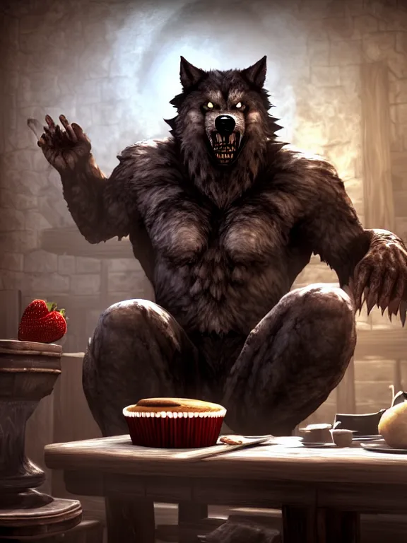 Image similar to cute handsome cuddly burly surly relaxed calm timid werewolf from van helsing sitting down at the breakfast table in the kitchen of a normal suburban home wearing apron having fun baking strawberry tart cakes unreal engine hyperreallistic render 8k character concept art masterpiece screenshot from the video game the Elder Scrolls V: Skyrim