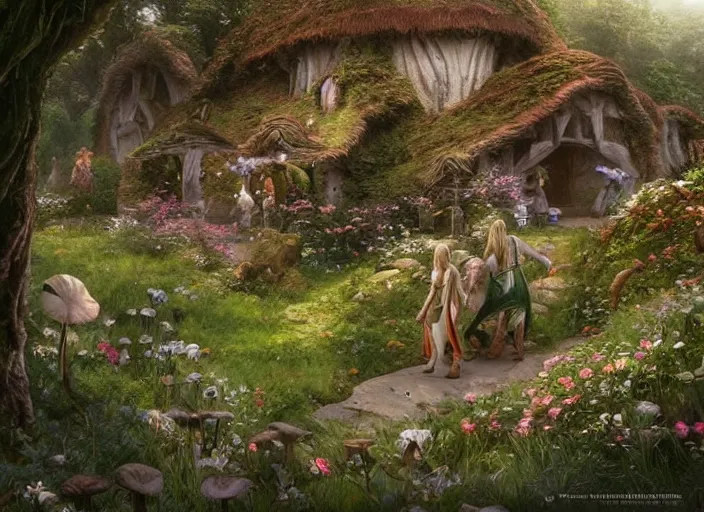 Prompt: winged female elves in the shire scenery landscape, lord of the rings, mushroom house, flowers, highly detailed, perfect lighting, perfect composition, 8 k, artgerm, derek zabrocki, greg rutkowski