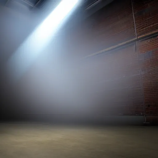 Prompt: volumetric lighting sphere in warehouse room. smoke