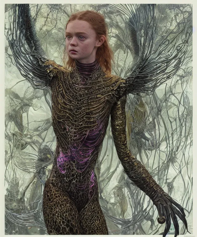 Prompt: a portrait photograph of a fierce sadie sink as a strong alien harpy queen with amphibian skin. she trying on a glowing and fiery lace shiny metal slimy organic membrane parasite tactical suit and transforming into an evil insectoid snake bird. by donato giancola, walton ford, ernst haeckel, peter mohrbacher, hr giger. 8 k, cgsociety