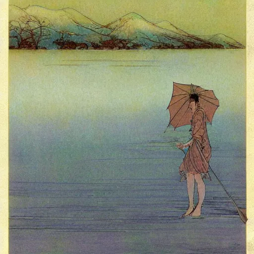 Image similar to unique sharp lake pan miso, by warwick goble and monsu desiderio, impressionism, groovy