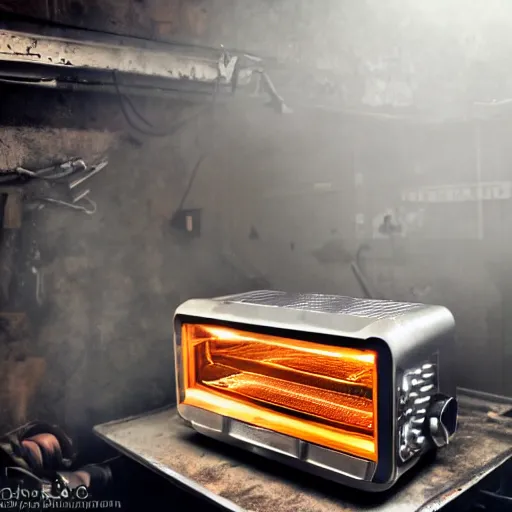 Image similar to toaster oven suspended by lots of metallic cables, symmetry, dark messy smoke - filled cluttered workshop, dark, dramatic lighting, orange tint, sparks, cinematic, highly detailed, sci - fi, futuristic, movie still