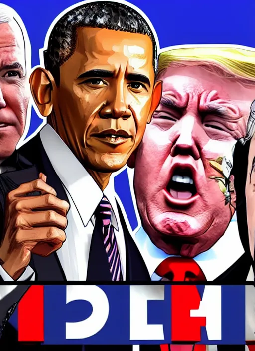 Image similar to GTA Cover Art, Obama, Biden, Trump, Pelosi, Schumer, Pence