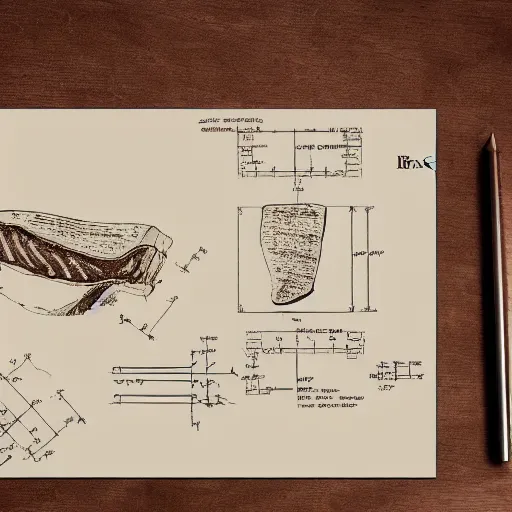 Prompt: blueprint technical drawing of a steak, schematic, sepia, old paper