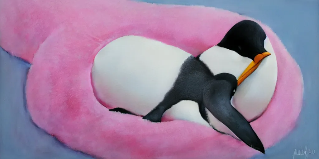 Image similar to realistic penguin sitting in a pink fluffy bed, hyper detailed, trending on artstation