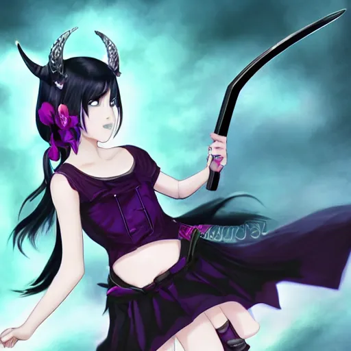 Prompt: gloomy black haired demon girl with demon horns in a pretty mid-length black dress with a katana in front of a dystopian purple colored city which is destroyed, picking up a flower, high detail whole body photo