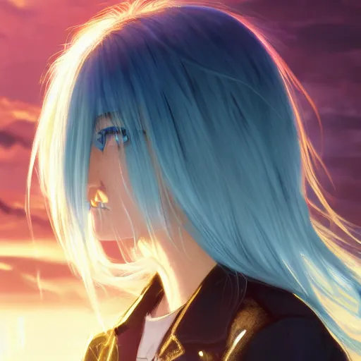 Image similar to profile shot of rimuru tempest, sky blue, straight hair, long bangs, amber eyes, wearing a black jacket with white stripes, high collar, highly detailed, unreal engine 5, digital painting, cinematic, wlop | artgerm, pixiv, yoshitaka amano, greg rutkowski, ilya kuvshinov, andy warhol