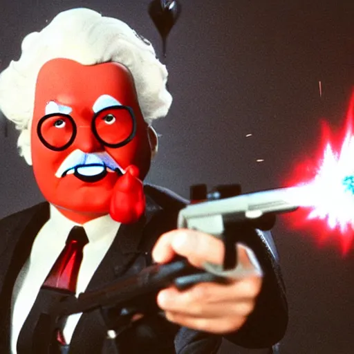 Prompt: colonel sanders shooting ronald mcdonald in the knee with a laser gun