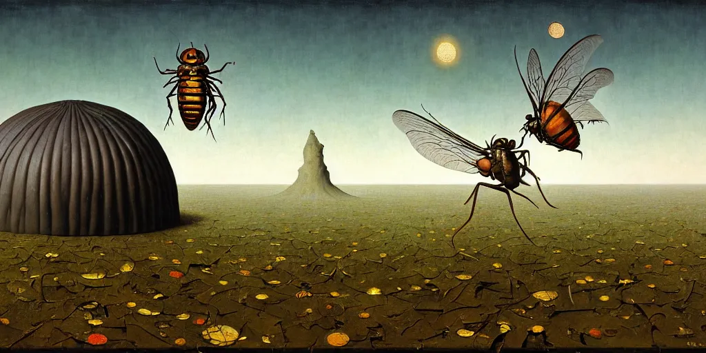 Image similar to cicada, as a matte oil painting, surreal, fog, concept art, award - winning, extremely detailed, sharp focus, very coherent and colorful high contrast masterpiece by norman rockwell franz sedlacek hieronymus bosch dean ellis simon stalenhag rene magritte gediminas pranckevicius, dark shadows, sunny day, hard lighting