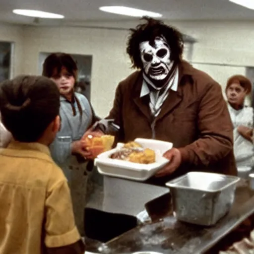 Image similar to Leatherface as a cafeteria attendant dishing out lunch to school kids in thr cafeteria at lunch time