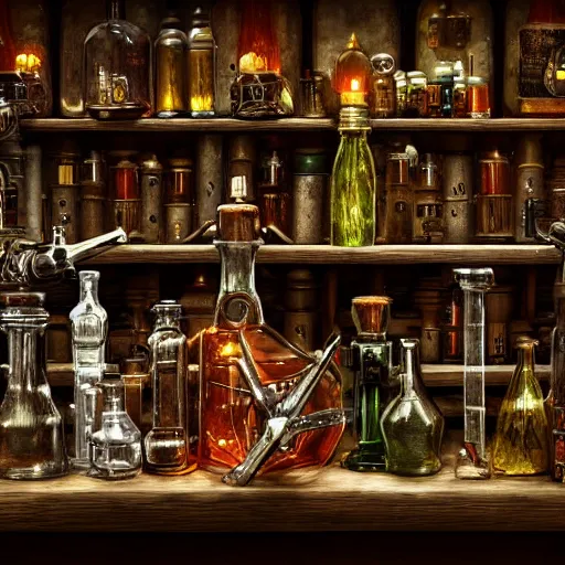 Prompt: An intricate scene with a lot of magic bottles and mechanisms of an alchemist, other bookshelves with bottles and alchemy stuff in the background::fantasy, detailed concept art, artstation, high details::8K, 4K, sharp focus, octane render