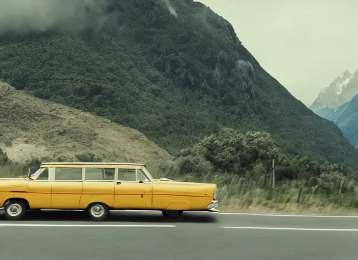 Image similar to A very high resolution image from a new movie, landscape from a car window , mountains, raining, hot, directed by wes anderson