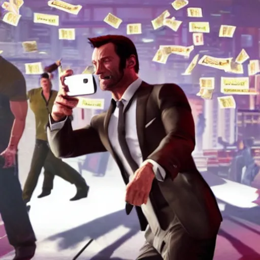 Image similar to action shot of hugh jackman in GTA V at the dance club taking selfies with friends and a pile of cash in the background, 8K, highly detailed, photo realistic