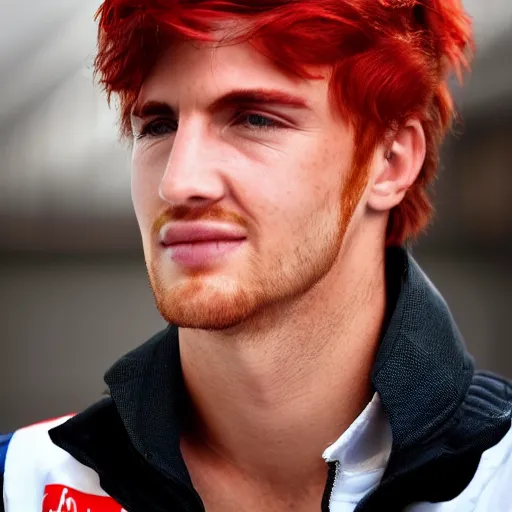 Image similar to a realistic detailed photo of a handsome guy who is an f 1 driver, with red hair