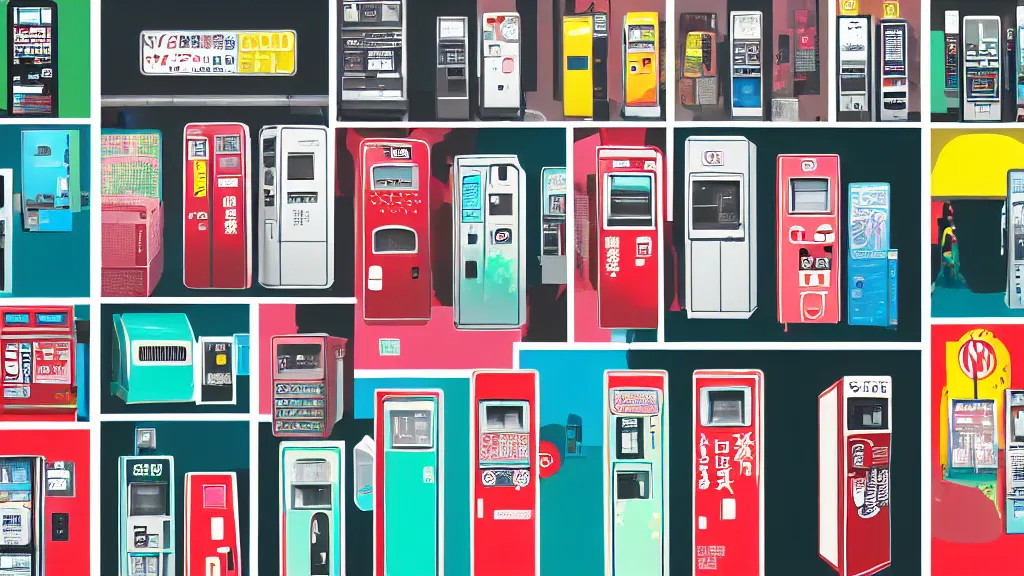 Image similar to a flashy row of vending machines, japan, a collage painting, in the style of wes anderson, lola dupre, david hockney, isolated on negative white space background dark monochrome neon spraypaint accents volumetric octane render