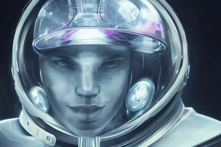 Prompt: portrait of a biomechanical head inside a futuristic space helmet, vintage, neon, white metal, iridescent visor, smooth, sharp focus, high detail, deviantart, artstation, art by Raymond Swanland,