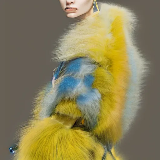 Prompt: a show design by leonardo davinci design by balenciaga ,fur, blue and yellow,pastel colours , hyperrealistic, highly detailed, fashion design,baroque,matte painting, concept art, hdri, 4k