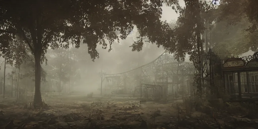 Image similar to creepy view into abandoned theme park with many attractions, fog, rain, volumetric lighting, beautiful, golden hour, sharp focus, highly detailed, cgsociety