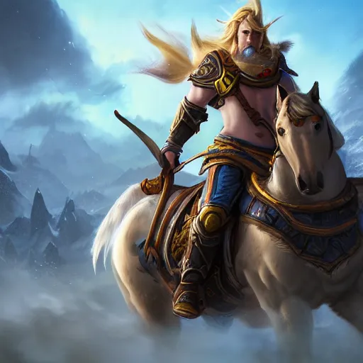 Image similar to a boy riding a horse, blizzard warcraft art, concept art, incredibly highly detailed and realistic, 8 k, sharp focus, studio quality