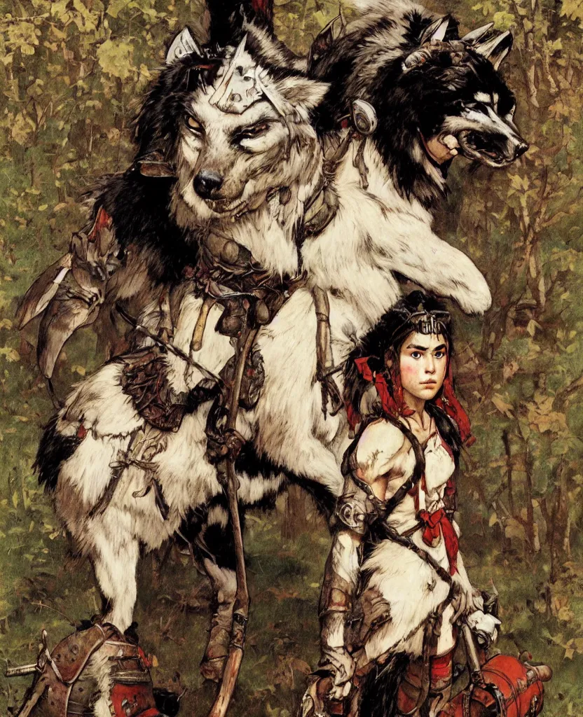 Image similar to portrait of fierce Princess Mononoke, fully clothed in armor, painted by norman rockwell, james gurney, denoised, sharp, architectural