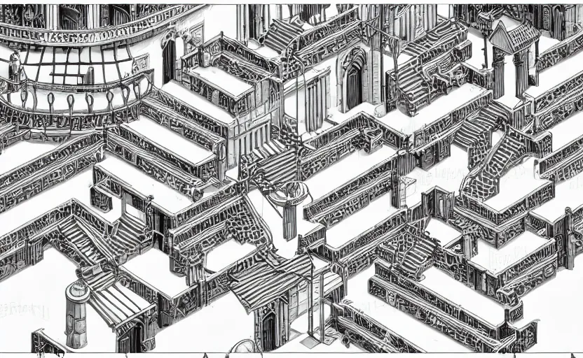 Image similar to Greek Keys, Computers and Staircases isometric wonderland viewscape labyrinthe B&W by MC Escher