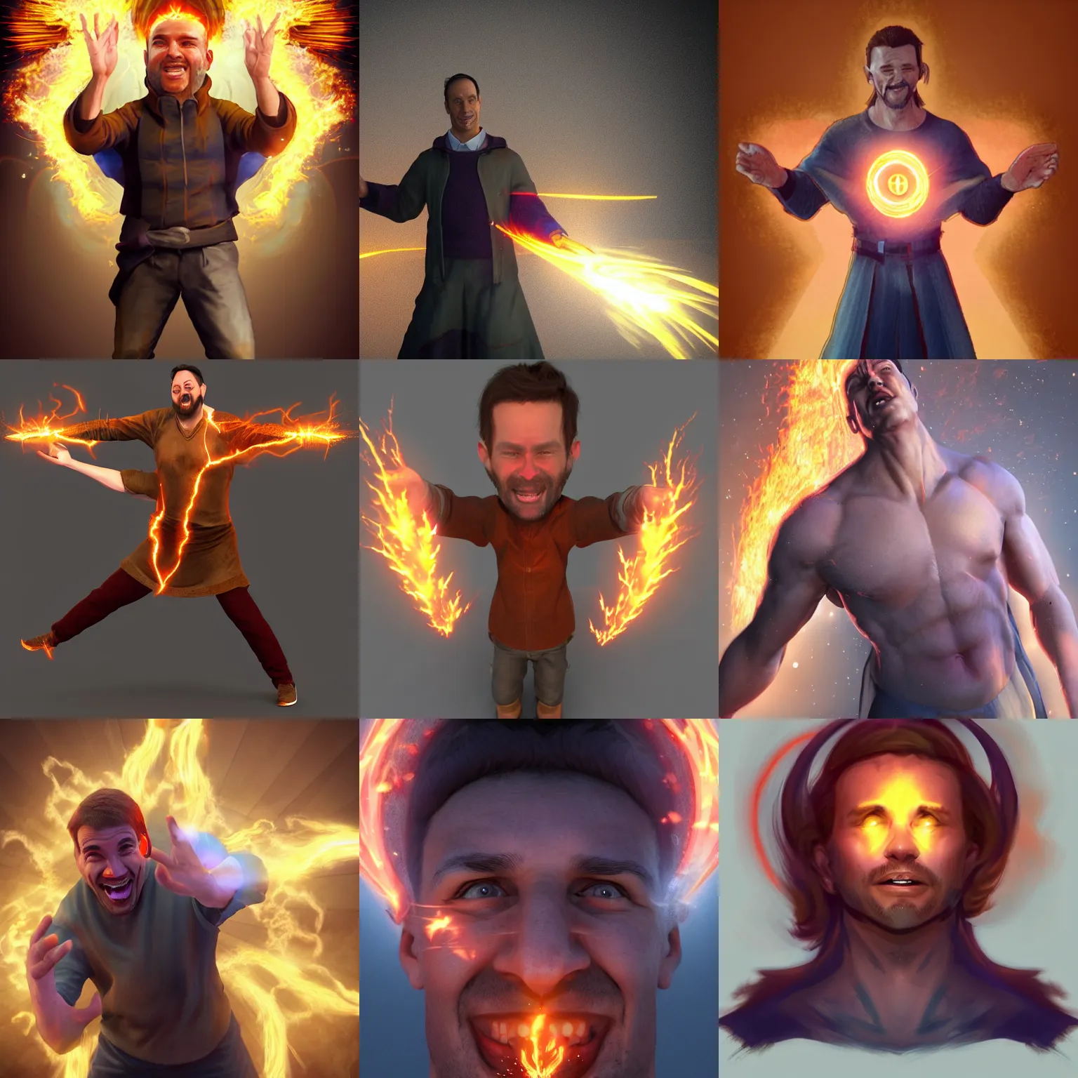 Prompt: a happy man in his early 4 0 s receiving divine fire powers on his head and body, artstation, character modeling, realism