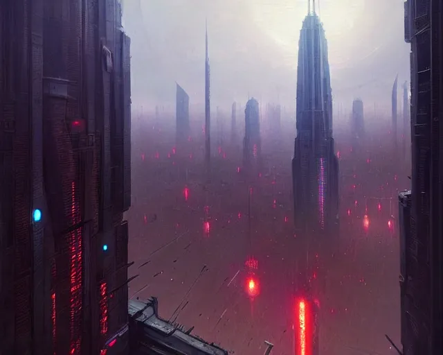 Image similar to great city being watched over by an all-seeing malevolent AI, a sci-fi digital painting by Greg Rutkowski and James Gurney, trending on Artstation, eerily beautiful, highly detailed