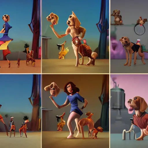 Image similar to women working, in the style of disney, comic book style, the dog is doing a ballet dance, highly detailed, 8k resolution, octane renderer