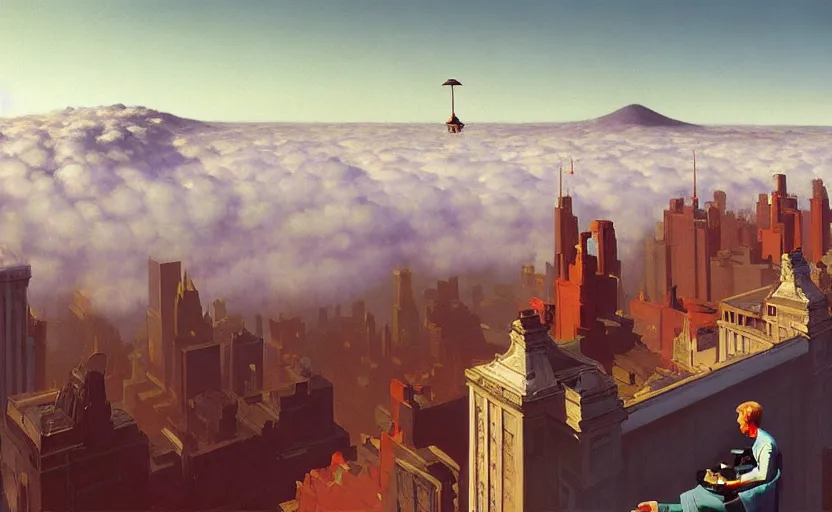 Image similar to A victorian city built above the clouds , very coherent, painted by Edward Hopper, Wayne Barlowe, painted by James Gilleard, airbrush, art by JamesJean