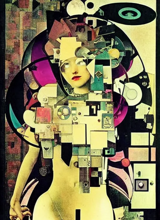 Image similar to cute punk goth fashion fractal mecha blonde girl wearing a television tube helmet and kimono made of circuits and leds, Techno surreal Dada collage by Man Ray Kurt Schwitters Hannah Höch Alphonse Mucha Beeple