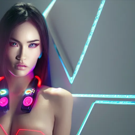 Image similar to beautiful japanese cyborg with megan fox face, digital led skin, neon lighting, techno neon projector background, portrait photo, octane render