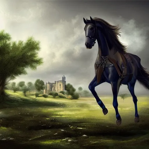 Prompt: plano general de un caballero montado a caballo, colina de fondo con castillo medieval. digital art, art station, realista,