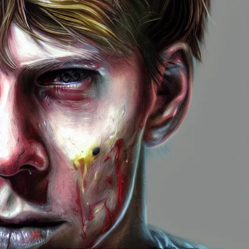 Prompt: realistic portrait painting of young man in silent hill and become mad, made by michaelangelo, physical painting, sharp focus, digital art, bright colors, fine art, trending on artstation, unreal engine.