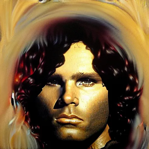 Image similar to portrait of jim morrison, detailed face, detailed painting, epic lighting, by ilya repin, phil hale and kent williams