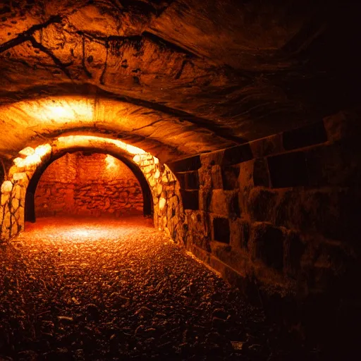 Prompt: nice photo of a very cosy wine cave, doomed basement with red light, nice reflection on wine bottle, abandoned dusty basement, 8k render, unreal engine