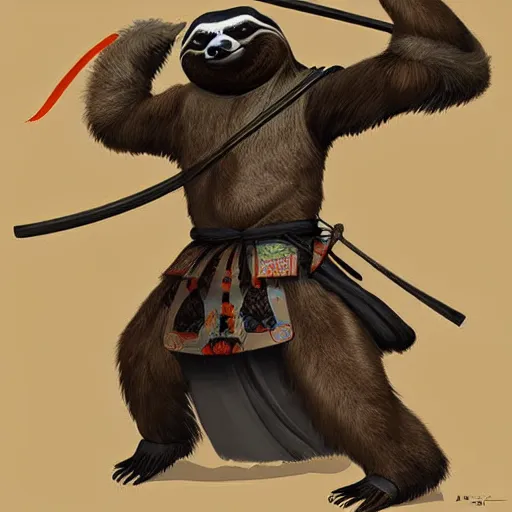 Image similar to graphic, hyperreal illustration of anthropomorphic sloth in traditional samurai armor : : digital art, concept art, character development