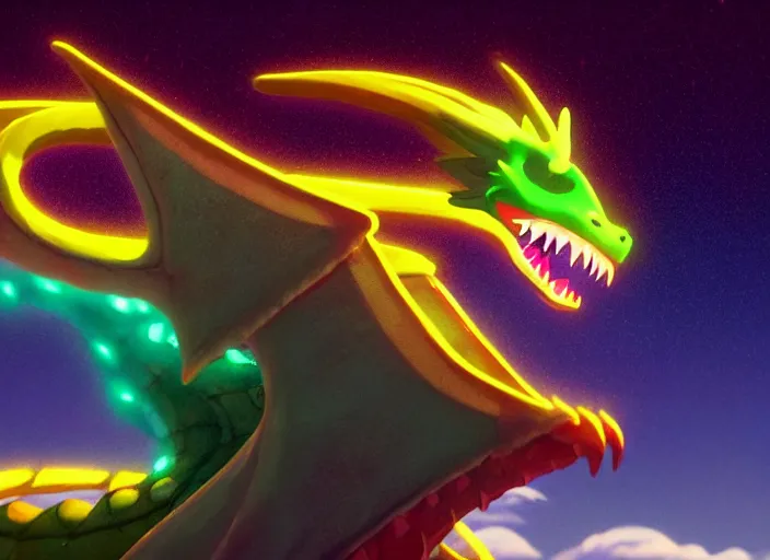 Image similar to a wholesome animation key shot of a neon dragon, close up, studio ghibli, pixar and disney animation, sharp, rendered in unreal engine 5, clear sky, anime key art by greg rutkowski, bloom, dramatic lighting