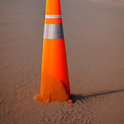 Prompt: a traffic cone left abandoned in the desert sand. award-winning photography.