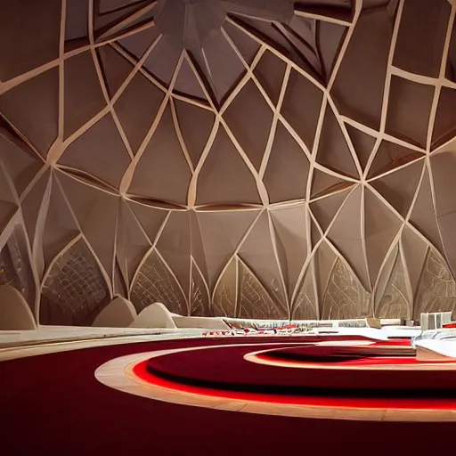 Prompt: interior of a futuristic lotus temple with gold, red and white marble panels, in the desert, by zaha hadid and buckminster fuller and syd mead, intricate contemporary architecture with art nouveau motifs, photo journalism, photography, cinematic, national geographic photoshoot