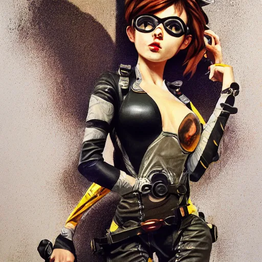 Prompt: painting of tracer in a skintight dress, steampunk, by dan hillier and charlie bowater 4 k post - processing highly detailed, trending on artstation, cinematic lightning, volumetric lightning, highly detailed, extreme detail, full details, - s 1 5 0
