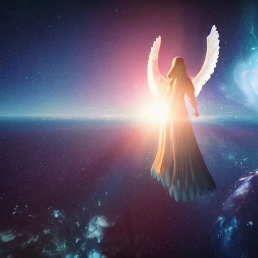 Prompt: a giant angel holding the world in the palm of its hand standing in front of the galaxy, 4 k, unreal engine 6, ultra realistic, coherent,