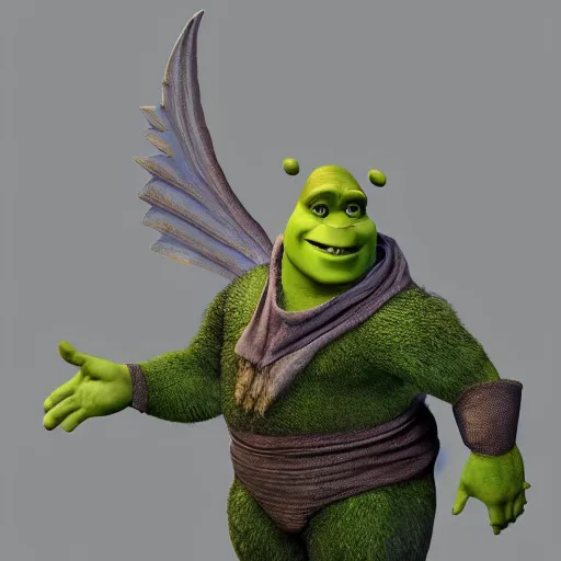 Prompt: shrek as an angle with wings and a halo, 3d render, fake light, dancing, detailed, textured