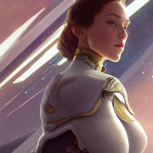 Prompt: ultra realistic illustration, beautiful female starship captain on the bridge, intricate, elegant, highly detailed, digital painting, artstation, concept art, smooth, sharp focus, illustration, art by artgerm and greg rutkowski and alphonse mucha